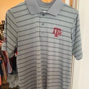 Texas A&M Aggies Polo Grey Stripes. Maroon Lettering. Size Small.